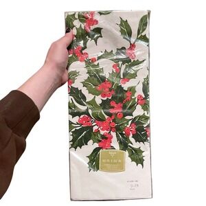 Vtg MCM Christmas Ambassador Paper Tablecloth 60 x 102 Holly Berry Greenery